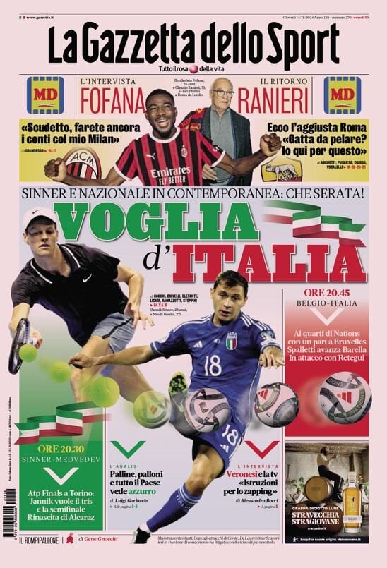 Gazzetta dello Sport prima pagina 
            Edizione di Oggi, Giovedì 14 Novembre 2024