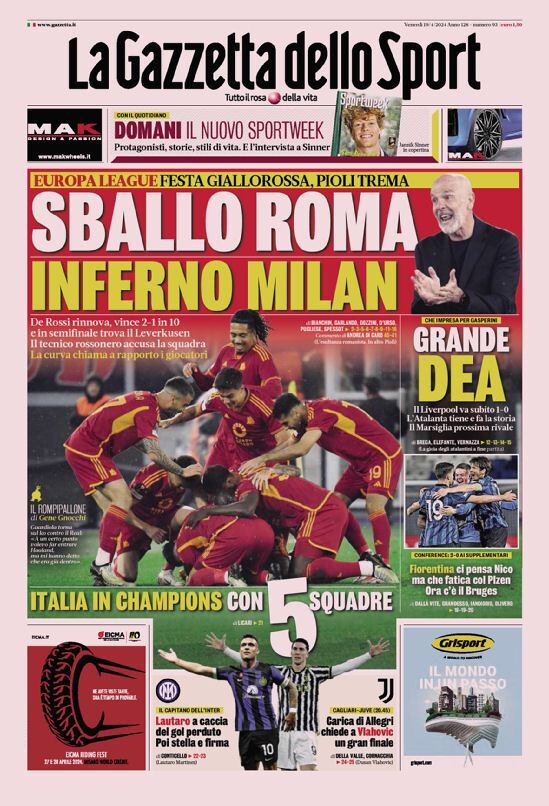 Gazzetta dello Sport prima pagina 
            Edizione di Oggi, Venerdì 19 Aprile 2024