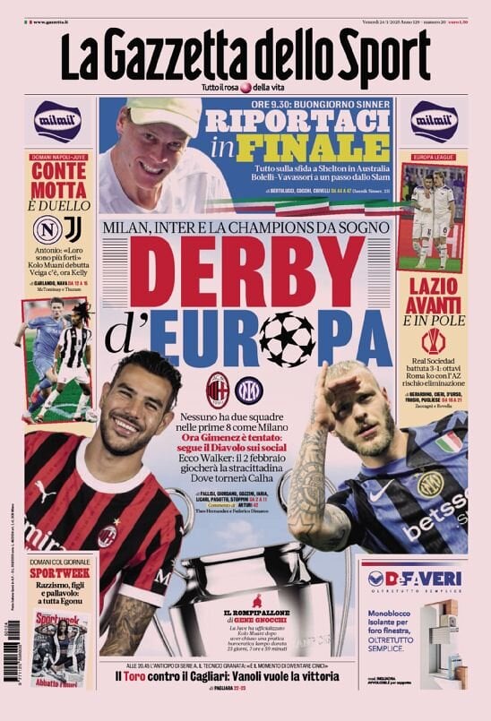 Gazzetta dello Sport prima pagina 
            Edizione di Oggi, Venerdì 24 Gennaio 2025