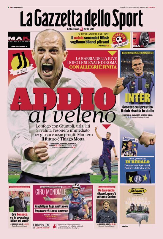 Gazzetta dello Sport prima pagina 
            Edizione di Oggi, Venerdì 17 Maggio 2024