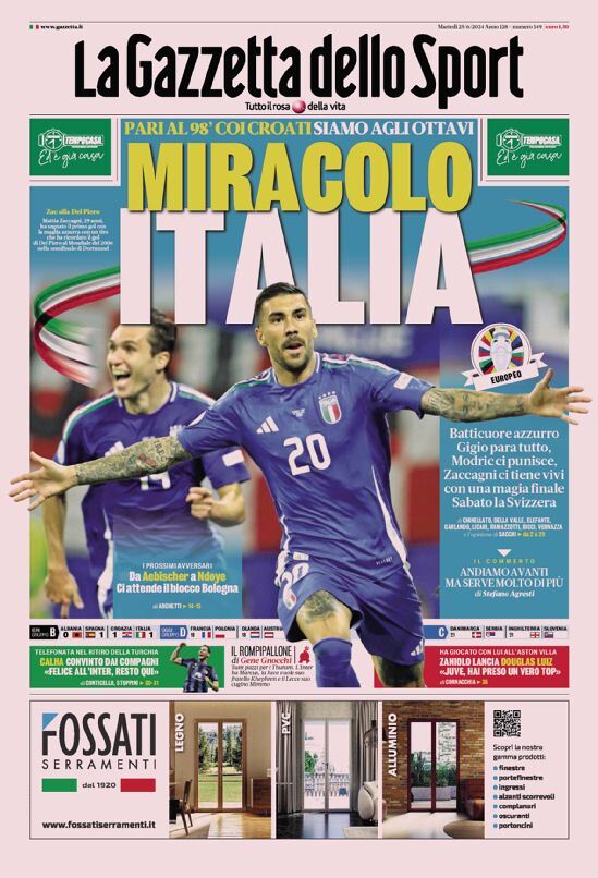 Gazzetta dello Sport Prima Pagina – Edizione di Oggi, Martedì 25 Giugno 2024