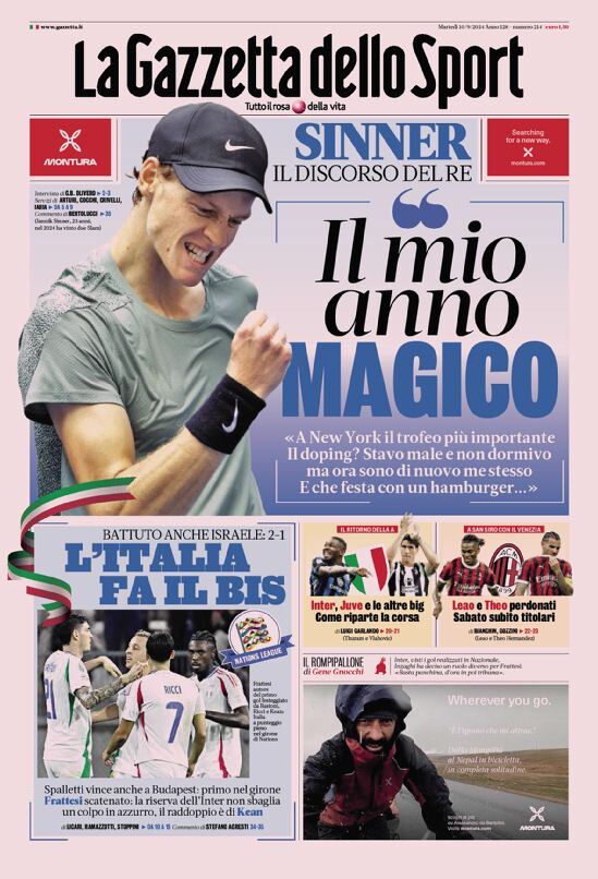 Gazzetta dello Sport prima pagina 
            Edizione di Oggi, Martedì 10 Settembre 2024