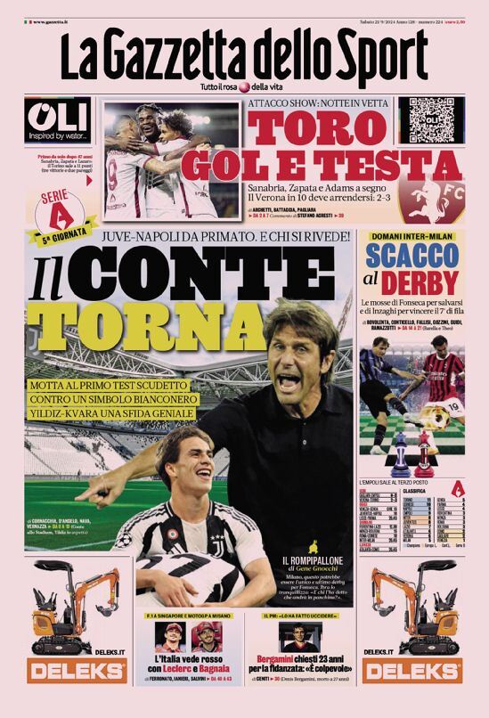 Gazzetta dello Sport prima pagina 
            Edizione di Oggi, Sabato 21 Settembre 2024