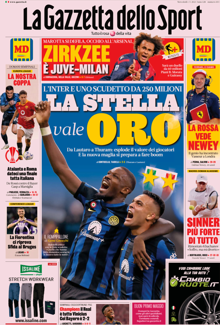 Gazzetta dello Sport prima pagina 
            Edizione di Ieri, Mercoledì 01 Maggio 2024