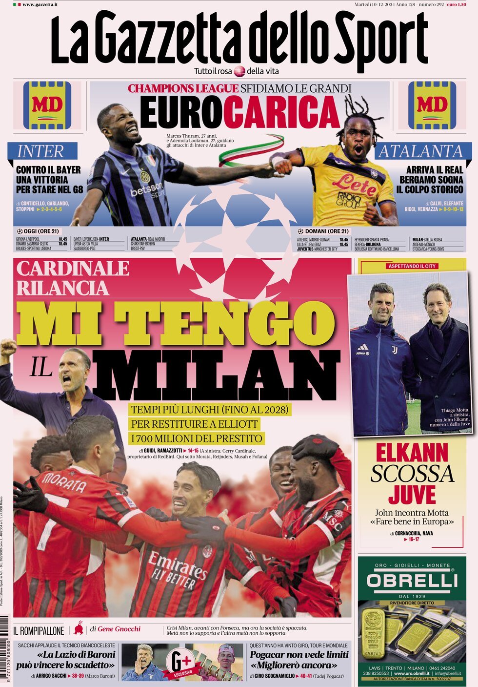 Gazzetta dello Sport prima pagina 
            Edizione di Oggi, Martedì 10 Dicembre 2024