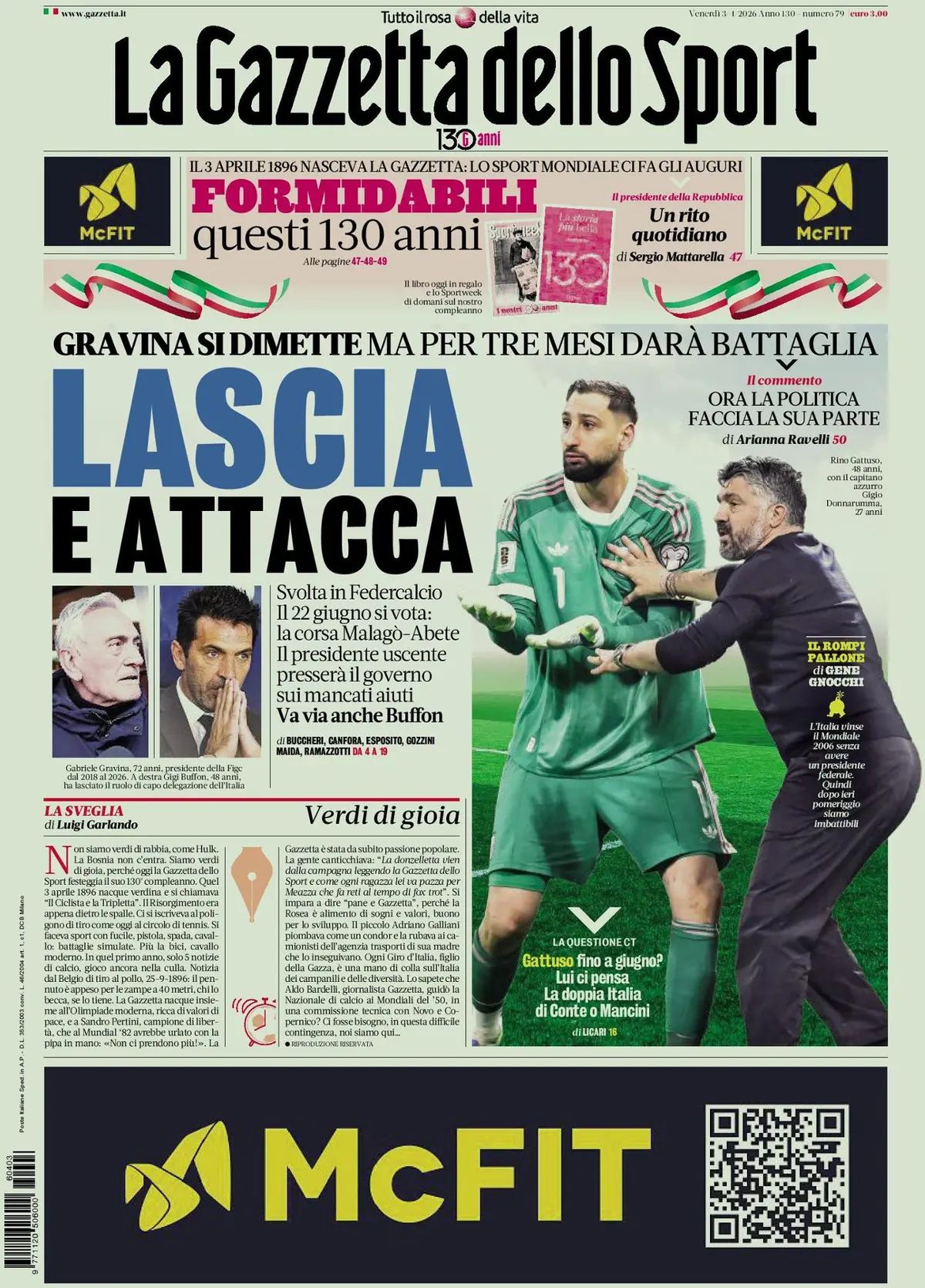 La Gazzetta Dello Sport, prima pagina