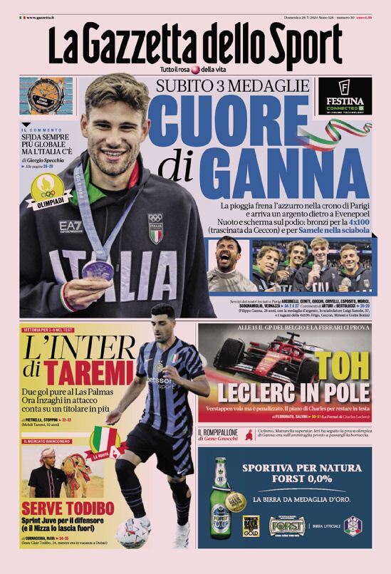 Gazzetta dello Sport prima pagina 
            Edizione di Oggi, Domenica 28 Luglio 2024