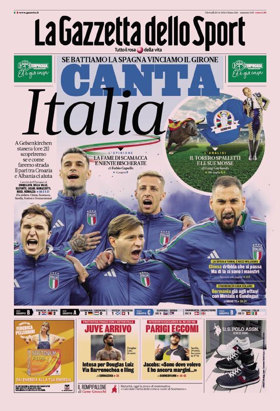 Gazzetta dello Sport prima pagina 
            Edizione di Oggi, Giovedì 20 Giugno 2024