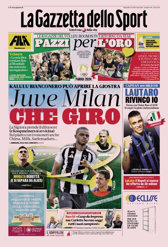 Gazzetta dello Sport Prima Pagina – Edizione di Oggi, Martedì 13 Agosto 2024