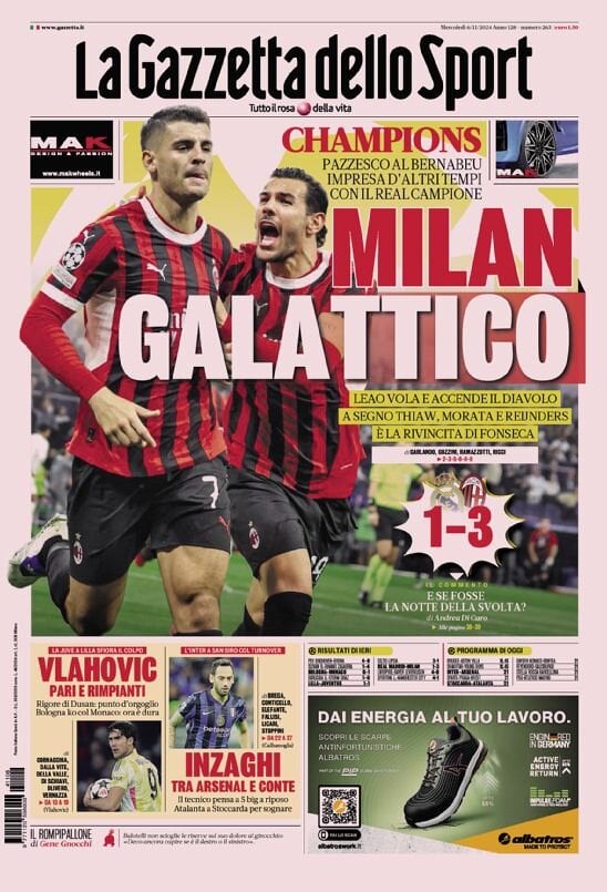 Gazzetta dello Sport prima pagina 
            Edizione di Oggi, Mercoledì 06 Novembre 2024