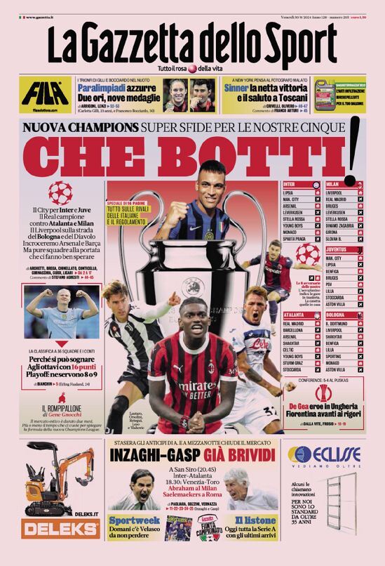 Gazzetta dello Sport Prima Pagina: Edizione di Oggi, Venerdì 30 Agosto 2024