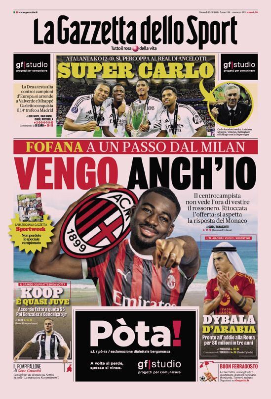 Gazzetta dello Sport Prima Pagina: Edizione di Oggi, Giovedì 15 Agosto 2024