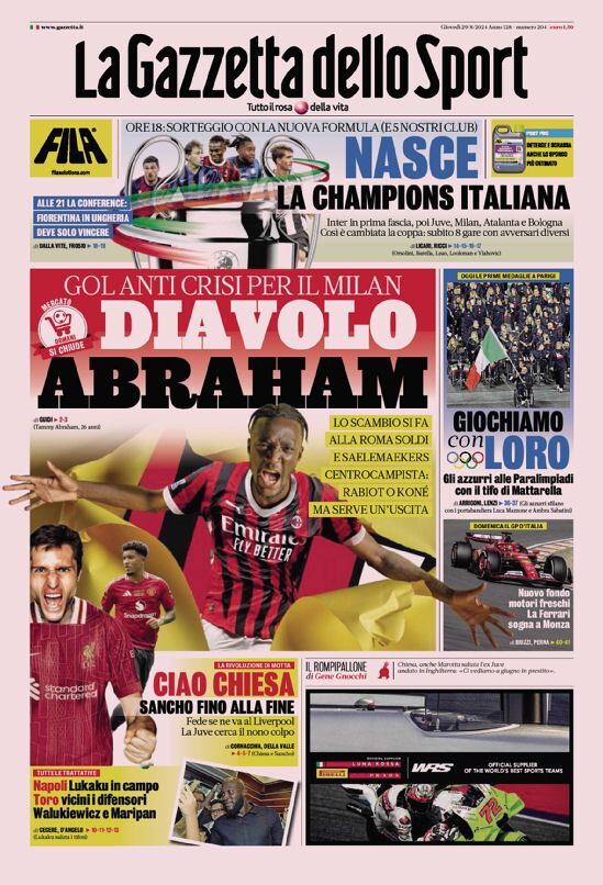 Gazzetta dello Sport Prima Pagina – Edizione di Oggi, Giovedì 29 Agosto 2024