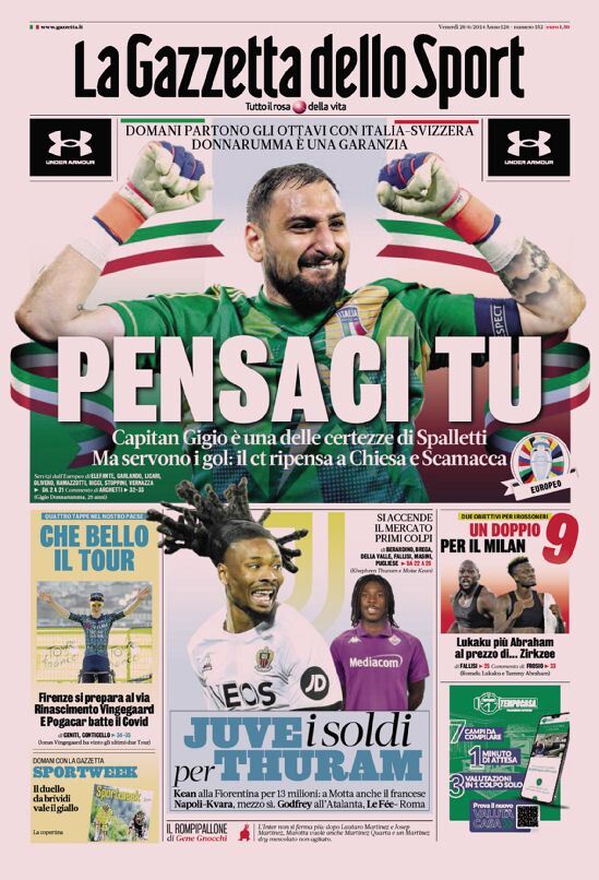 Gazzetta dello Sport: Prima Pagina – Edizione di Venerdì 28 Giugno 2024