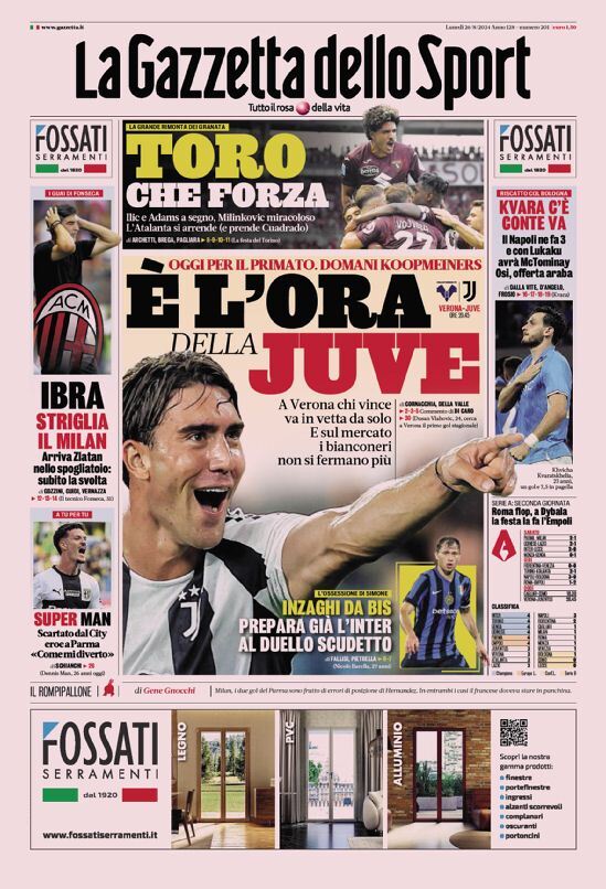 Gazzetta dello Sport prima pagina 
            Edizione di Oggi, Lunedì 26 Agosto 2024