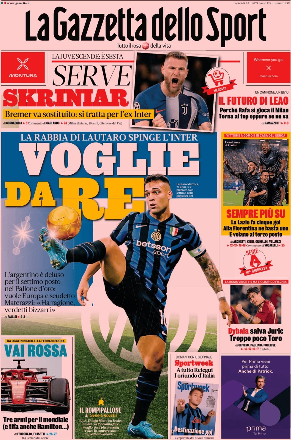 Gazzetta dello Sport prima pagina 
            Edizione di Oggi, Venerdì 01 Novembre 2024