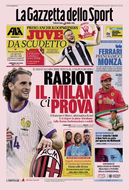 Gazzetta dello Sport prima pagina 
            Edizione di Oggi, Mercoledì 28 Agosto 2024