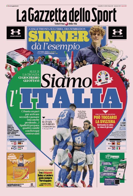 Prima Pagina della Gazzetta dello Sport di Oggi: Lunedì 24 Giugno 2024