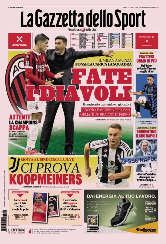 Gazzetta dello Sport prima pagina 
            Edizione di Oggi, Sabato 02 Novembre 2024