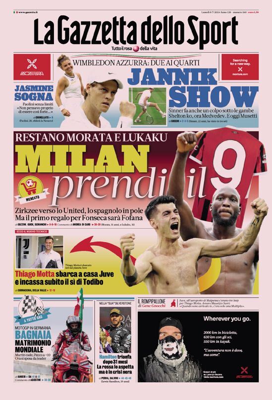 Gazzetta dello Sport Prima Pagina: Edizione di Oggi, Lunedì 08 Luglio 2024