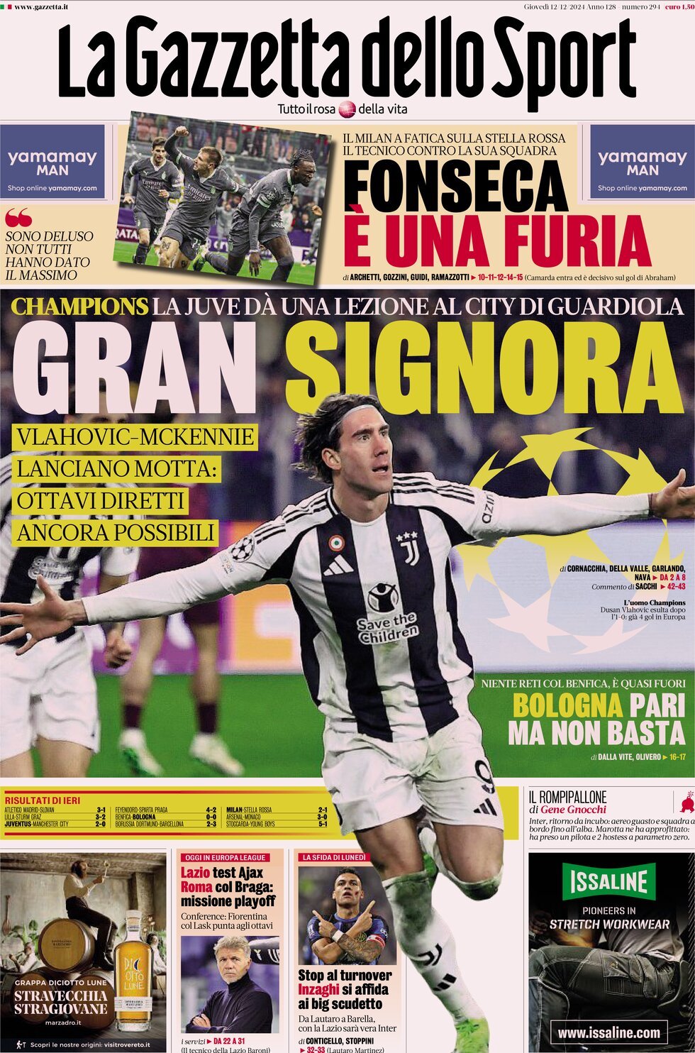 Gazzetta dello Sport prima pagina 
            Edizione di Ieri, Giovedì 12 Dicembre 2024