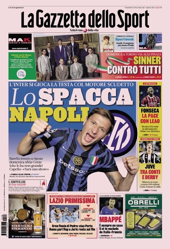 Gazzetta dello Sport prima pagina 
            Edizione di Oggi, Venerdì 08 Novembre 2024