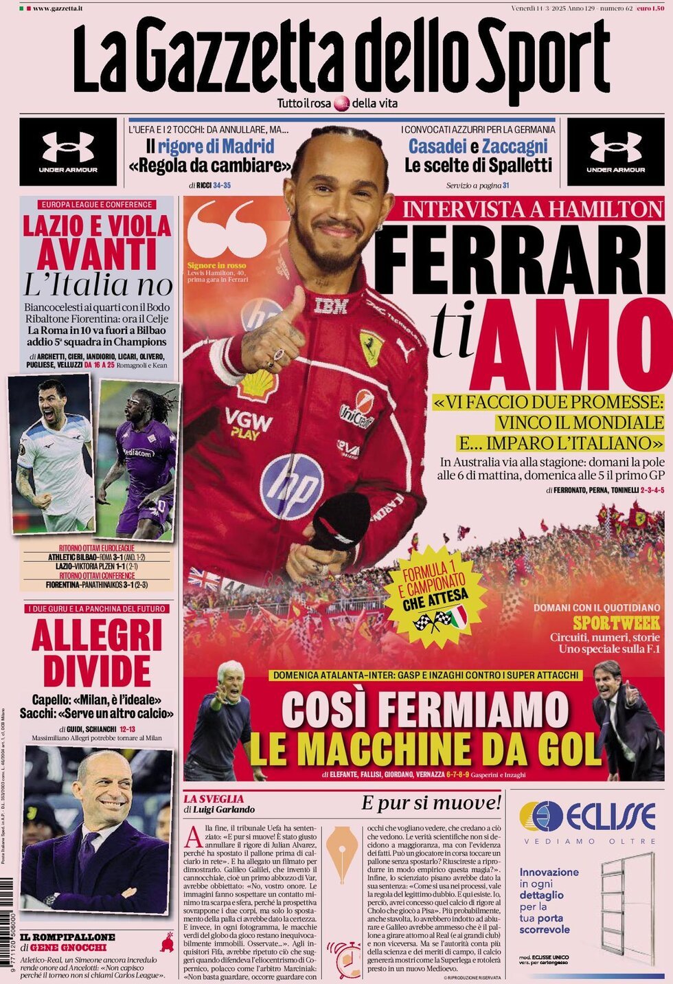 Gazzetta dello Sport prima pagina 
            Edizione di Ieri, Venerdì 14 Marzo 2025