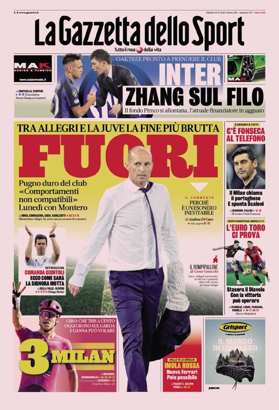 Gazzetta dello Sport prima pagina 
            Edizione di Oggi, Sabato 18 Maggio 2024