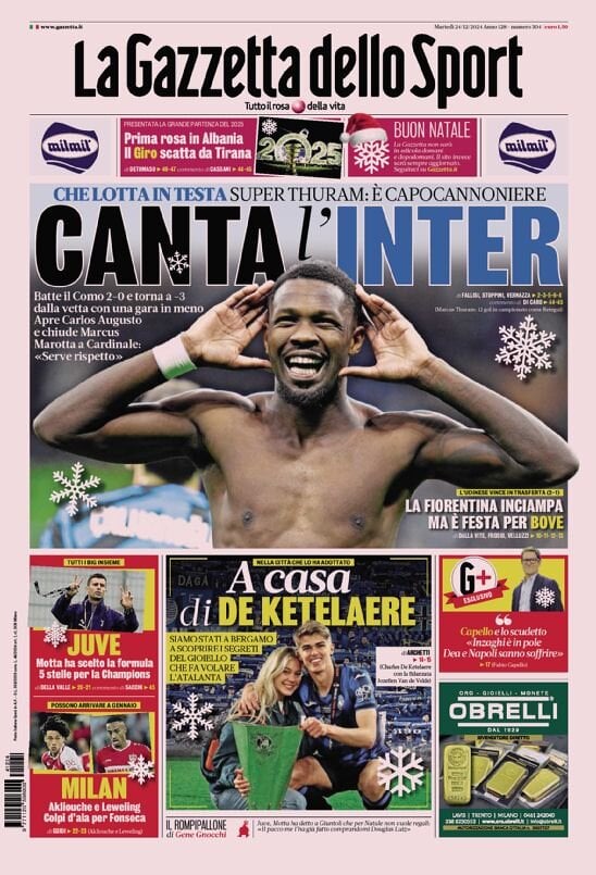 Gazzetta dello Sport prima pagina 
            Edizione di Oggi, Martedì 24 Dicembre 2024