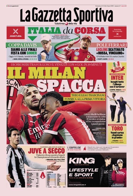 Gazzetta dello Sport prima pagina 
            Edizione di Oggi, Domenica 15 Settembre 2024