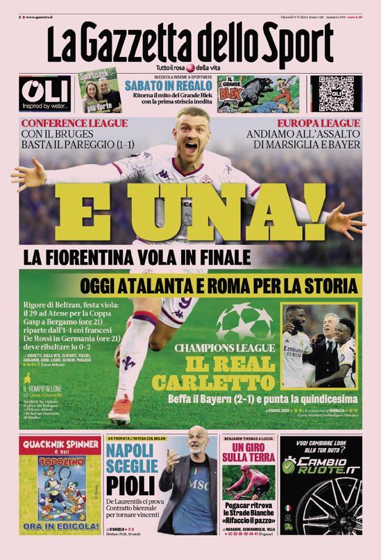 Gazzetta dello Sport prima pagina 
            Edizione di Oggi, Giovedì 09 Maggio 2024