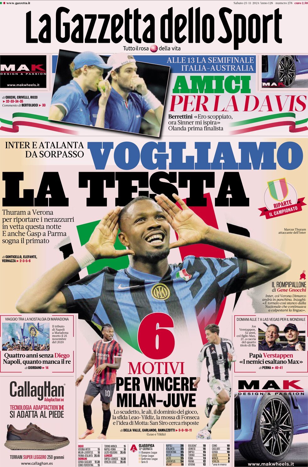 Gazzetta dello Sport prima pagina 
            Edizione di Oggi, Sabato 23 Novembre 2024