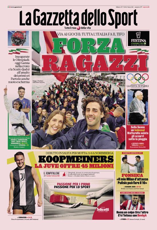 Prima Pagina della Gazzetta dello Sport: Edizione di Sabato 27 Luglio 2024