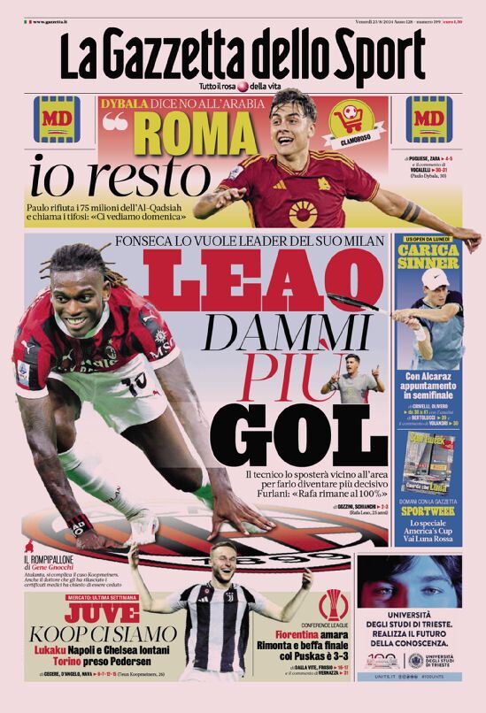 Gazzetta dello Sport prima pagina 
            Edizione di Oggi, Venerdì 23 Agosto 2024