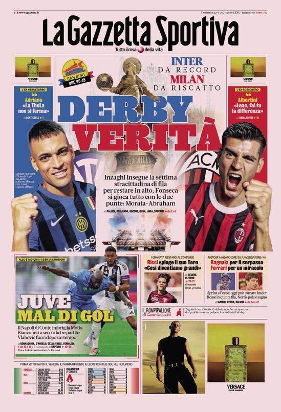 Gazzetta dello Sport prima pagina 
            Edizione di Oggi, Domenica 22 Settembre 2024