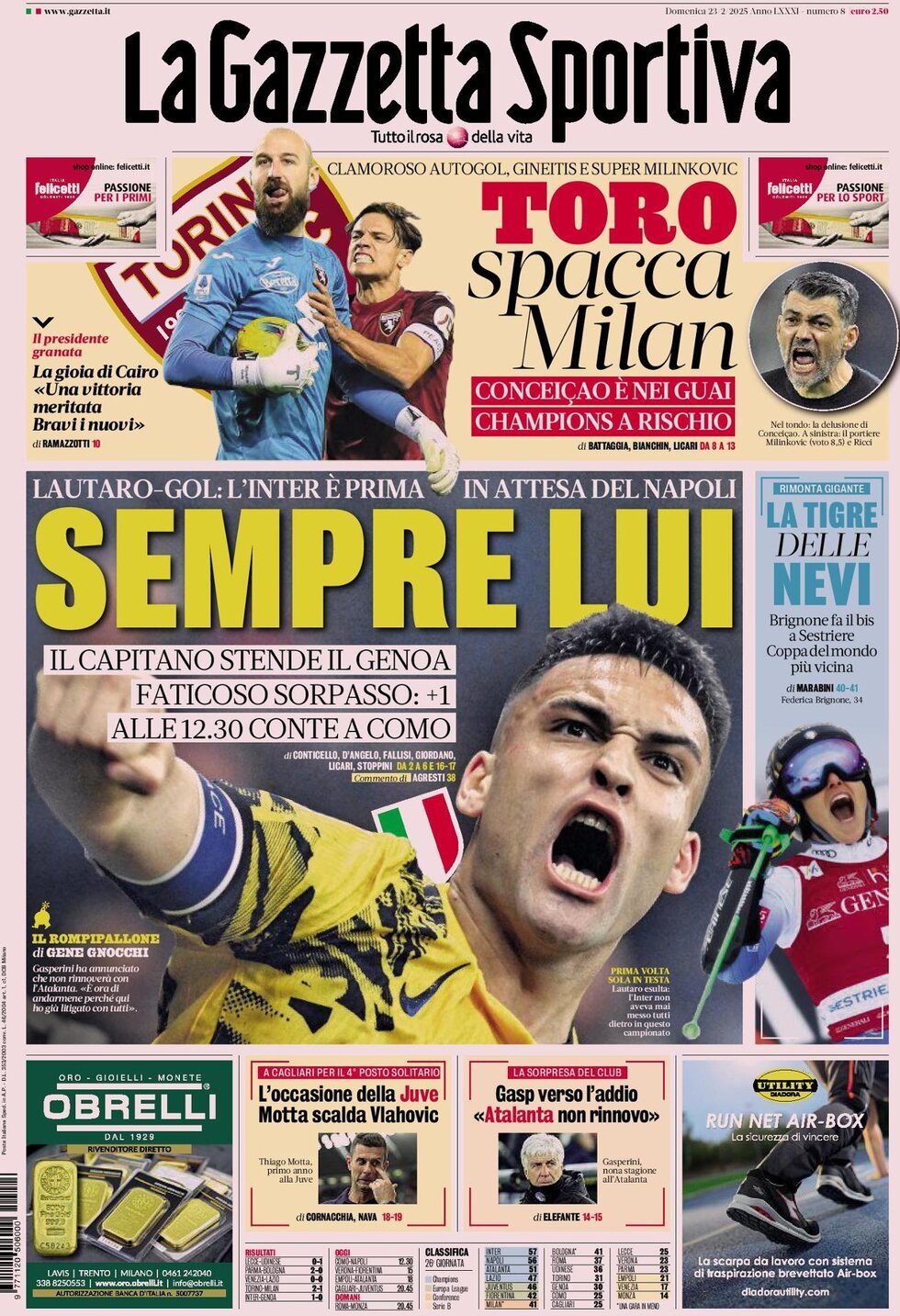 Gazzetta dello Sport prima pagina 
            Edizione di Ieri, Domenica 23 Febbraio 2025