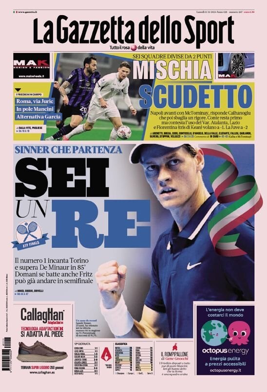 Gazzetta dello Sport prima pagina 
            Edizione di Oggi, Lunedì 11 Novembre 2024