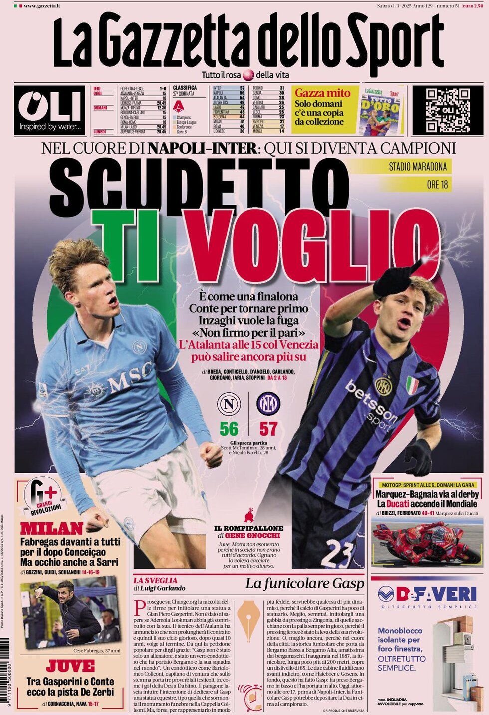 Gazzetta dello Sport prima pagina 
            Edizione di Ieri, Sabato 01 Marzo 2025