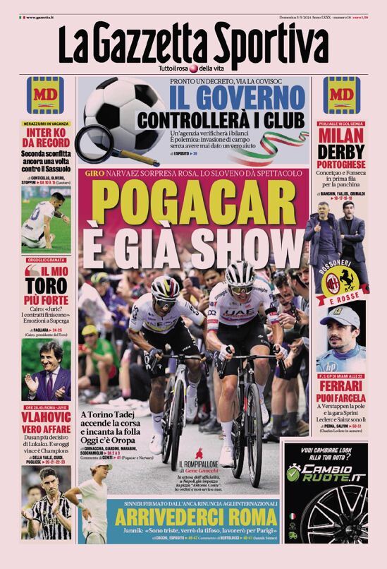 Gazzetta dello Sport prima pagina 
            Edizione di Oggi, Domenica 05 Maggio 2024