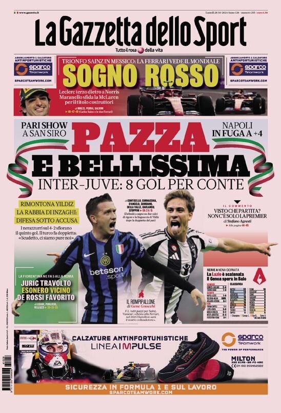 Gazzetta dello Sport prima pagina 
            Edizione di Oggi, Lunedì 28 Ottobre 2024