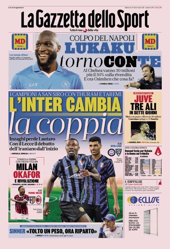 Prima Pagina della Gazzetta dello Sport: Domenica 25 Agosto 2024