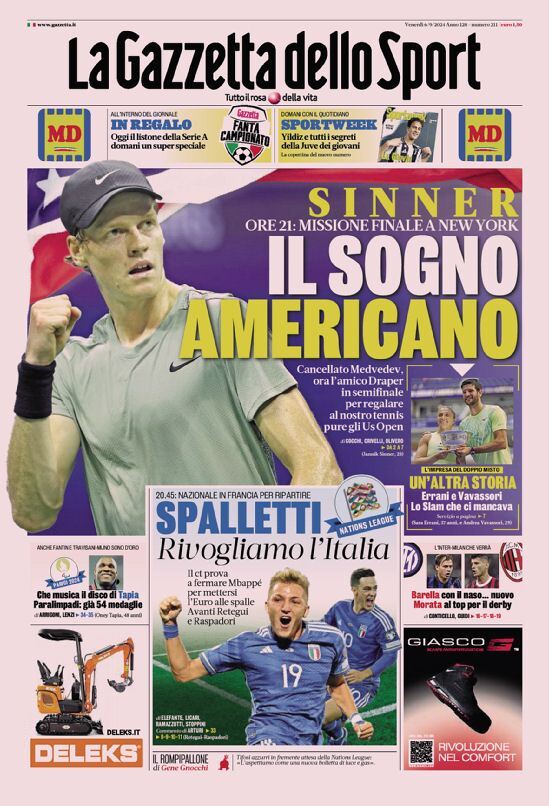 Gazzetta dello Sport prima pagina 
            Edizione di Oggi, Sabato 07 Settembre 2024