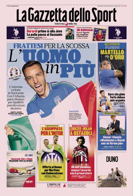 Gazzetta dello Sport prima pagina 
            Edizione di Oggi, Martedì 11 Giugno 2024