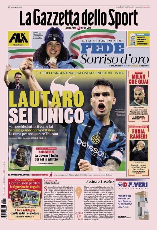 Gazzetta dello Sport prima pagina 
            Edizione di Oggi, Venerdì 14 Febbraio 2025