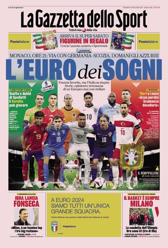 Gazzetta dello Sport prima pagina – Edizione di Venerdì 14 Giugno 2024