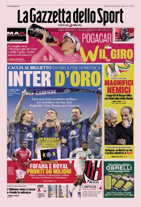 Gazzetta dello Sport prima pagina 
            Edizione di Oggi, Martedì 14 Maggio 2024