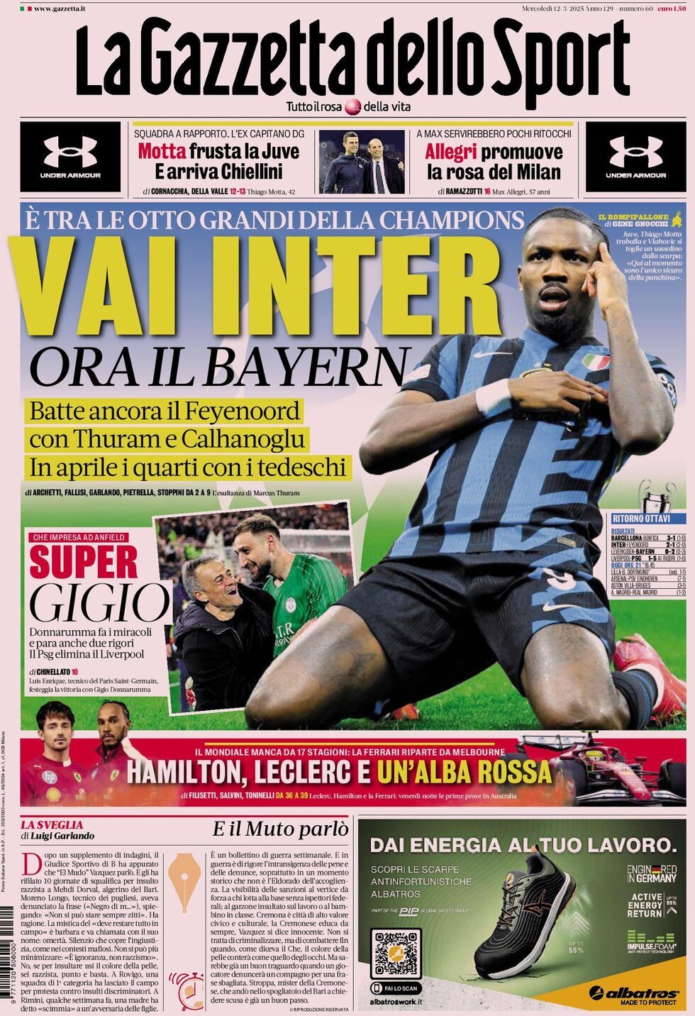 Gazzetta dello Sport prima pagina 
            Edizione di Ieri, Mercoledì 12 Marzo 2025