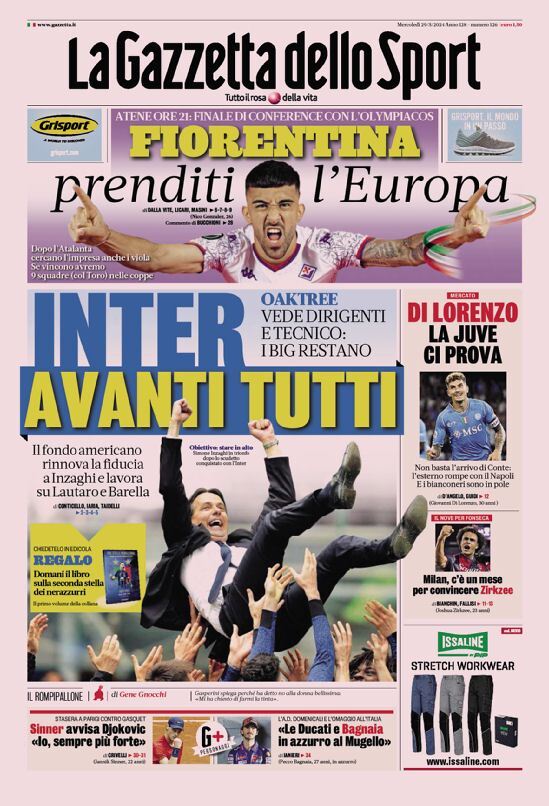 Gazzetta dello Sport prima pagina 
            Edizione di Oggi, Mercoledì 29 Maggio 2024