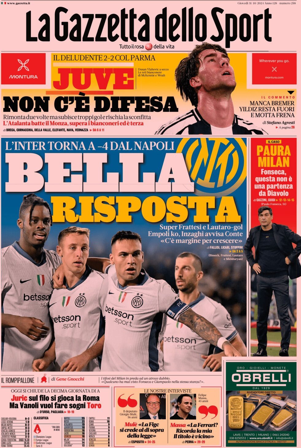 Gazzetta dello Sport prima pagina 
            Edizione di Oggi, Giovedì 31 Ottobre 2024