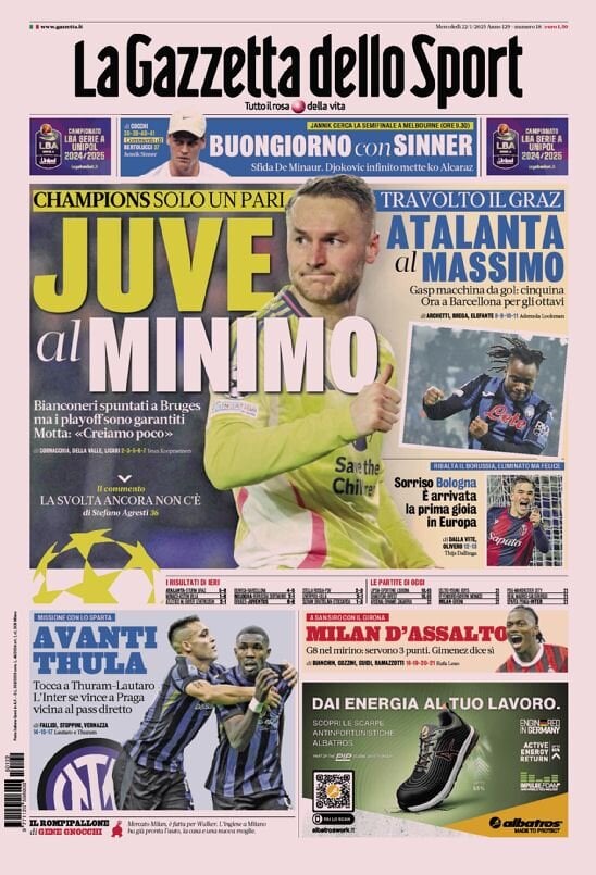 Gazzetta dello Sport prima pagina 
            Edizione di Oggi, Mercoledì 22 Gennaio 2025